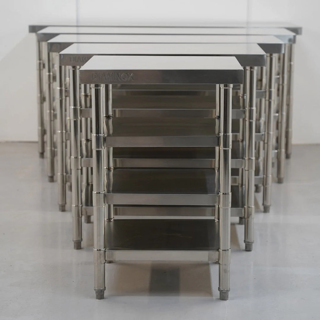 Heavy Duty Flat-Packed Diaminox Stainless Steel Tables with 3 Storage Shelves – Various Sizes